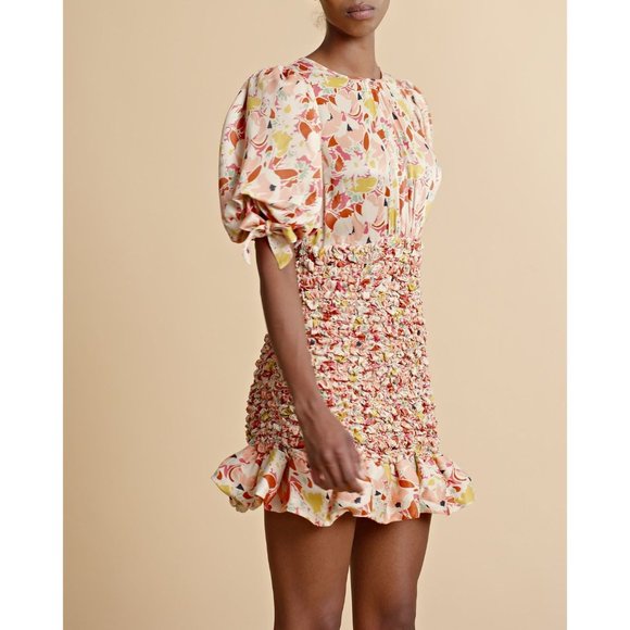 🆕 By TiMo Shirred Smocked Ruffle Crepe Satin Mini Dress Floral Medium - Picture 9 of 16